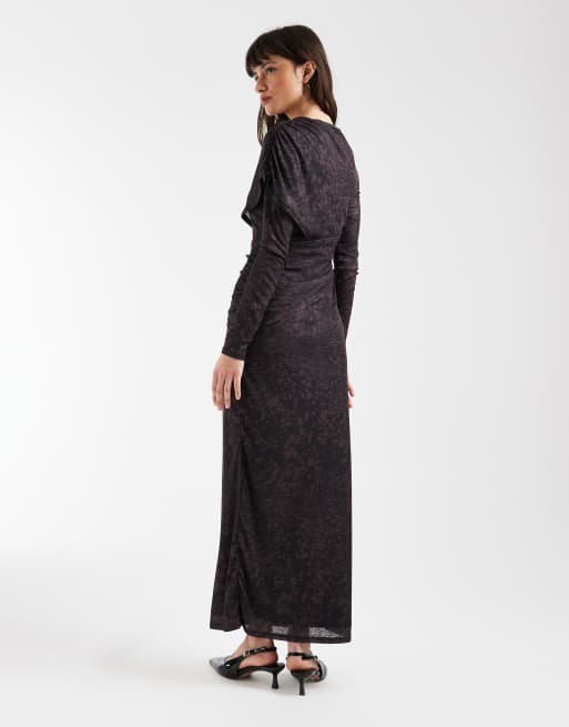 ASOS DESIGN - Vestito midi a portafoglio a maniche lunghe marrone con stampa animalier, 4 di 4