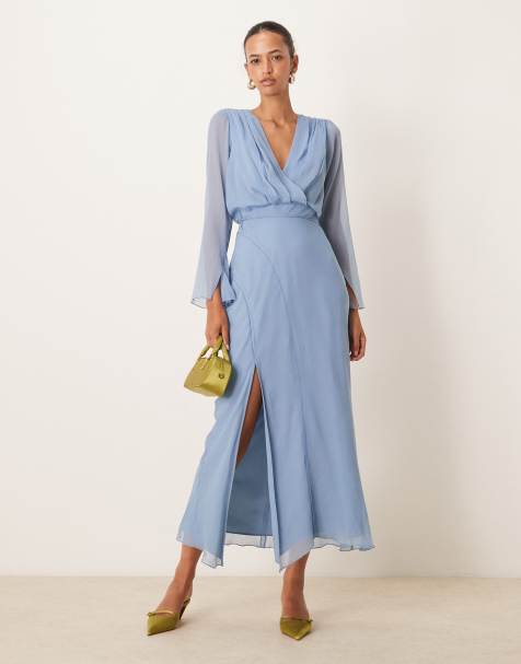 ASOS DESIGN - Vestito midi a portafoglio blu denim con cuciture a vista - view 1