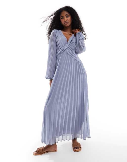 ASOS DESIGN - Vestito midi a portafoglio blu polvere a pieghe con dettaglio attorcigliato