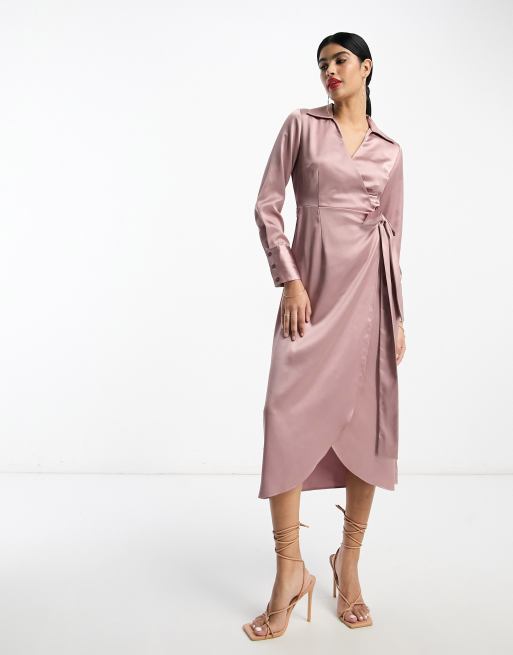 ASOS DESIGN - Vestito midi a portafoglio con colletto e cintura in raso rosa scuro, 2 di 4