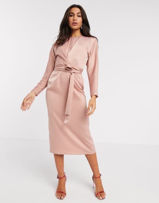 ASOS DESIGN - Vestito midi a portafoglio con maniche ad ali di pipistrello in raso visone