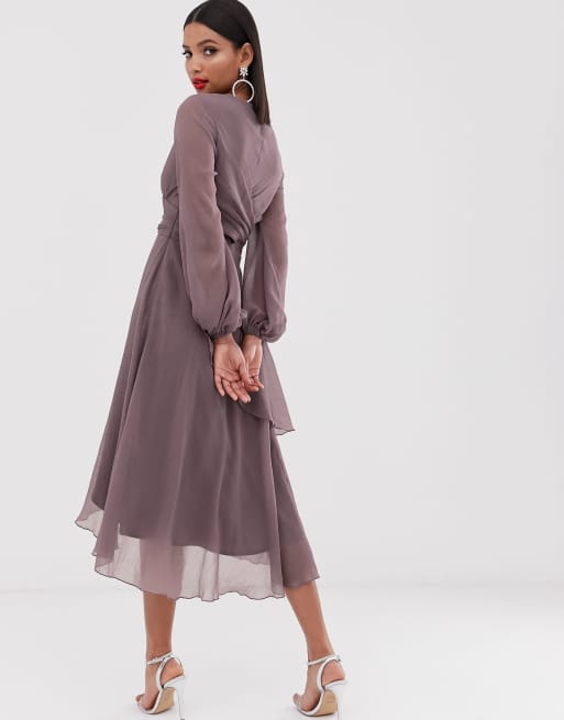 ASOS DESIGN - Vestito midi a portafoglio con maniche lunghe e gonna doppio strato, 2 di 4