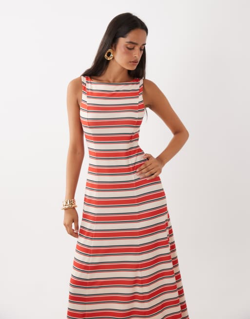 ASOS DESIGN vestito midi a righe con cuciture e scollo a barchetta, 2 di 4
