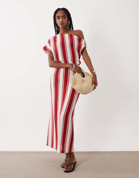 ASOS DESIGN - Vestito midi a righe con spalle scoperte e pieghe - view 1