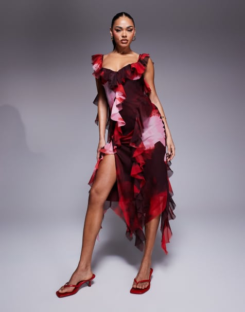 ASOS DESIGN - Vestito midi a strati asimmetrici con allacciatura e stampa astratta - view 1