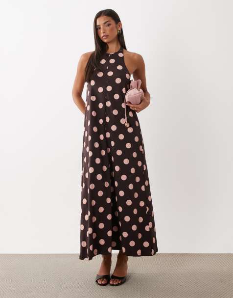 ASOS DESIGN vestito midi a trapezio a pois marrone e rosa - view 1