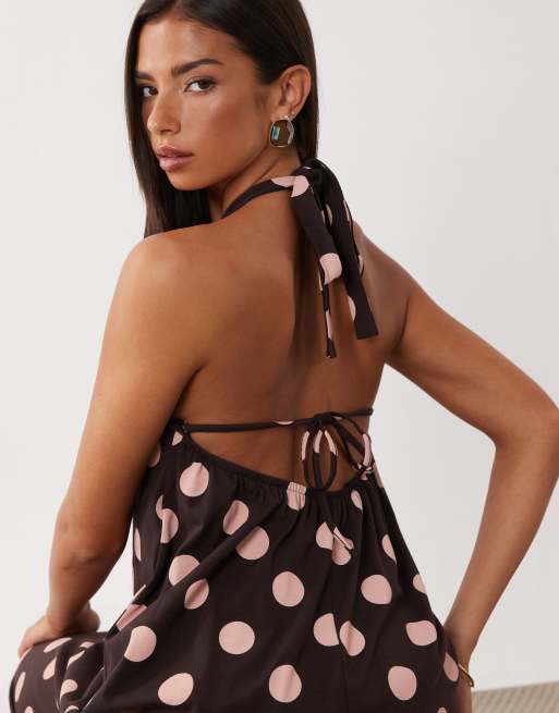 ASOS DESIGN vestito midi a trapezio a pois marrone e rosa, 2 di 4