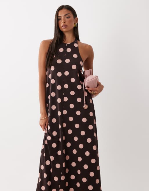 ASOS DESIGN vestito midi a trapezio a pois marrone e rosa, 3 di 4