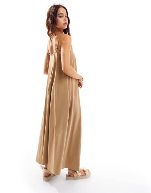 ASOS DESIGN - Vestito midi a trapezio color cammello con spalline sottili, 4 di 4