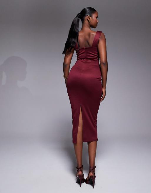 ASOS DESIGN - Vestito midi a tubino con scollo squadrato e corpino a pieghe bordeaux, 4 di 4