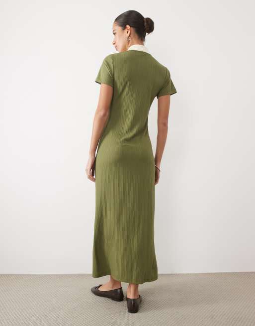 ASOS DESIGN vestito midi abbottonato con maniche ad aletta in kaki, 4 di 4