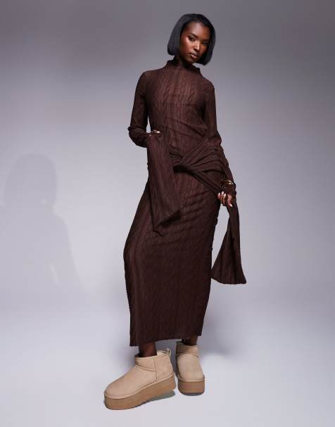 ASOS DESIGN - Vestito midi accollato a maniche lunghe allacciato in vita in maglia a trecce marrone - view 1