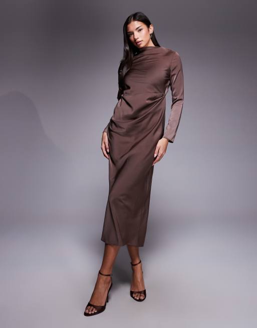 ASOS DESIGN - Vestito midi accollato a maniche lunghe con corpino a pieghe color cioccolato