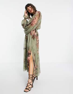 ASOS DESIGN - Vestito midi accollato con dettaglio con cordino e stampa a fiori grandi