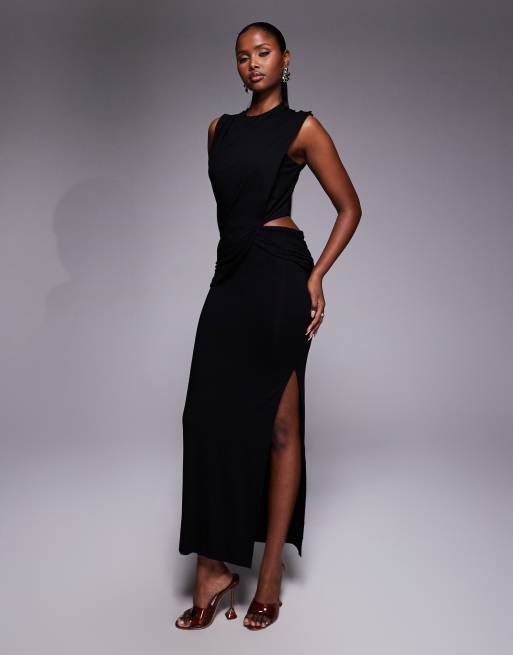ASOS DESIGN - Vestito midi accollato drappeggiato nero con intaglio