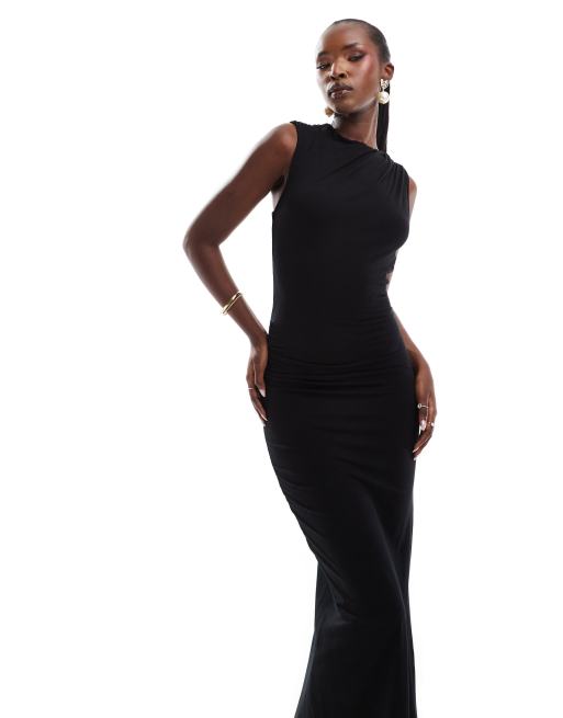 ASOS DESIGN - Vestito midi accollato e asimmetrico nero con apertura incrociata sul retro