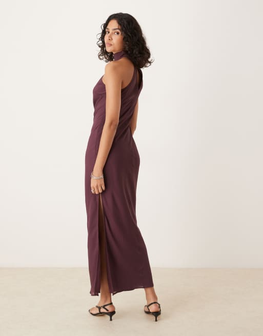 ASOS DESIGN - Vestito midi accollato in chiffon color vinaccia, 3 di 4