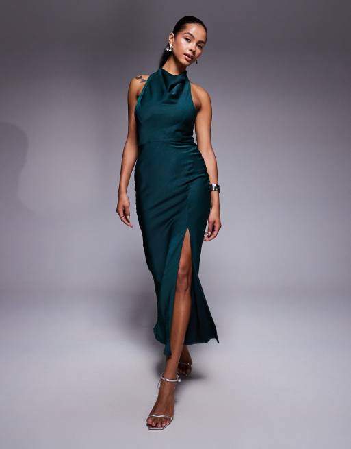 ASOS DESIGN - Vestito midi accollato in raso blu ottanio con dettaglio sulle spalline