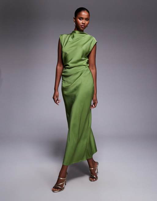 ASOS DESIGN - Vestito midi accollato in raso color verde oliva con corpetto a pieghe