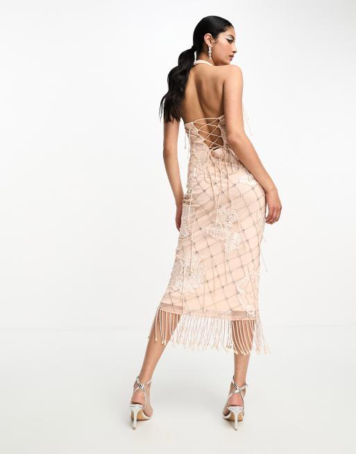 ASOS DESIGN - Vestito midi accollato in rete color pesca con perline e applicazioni, 2 di 4