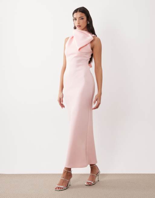 ASOS DESIGN - Vestito midi accollato in tessuto stile scuba rosa pallido con dettaglio con fiocco