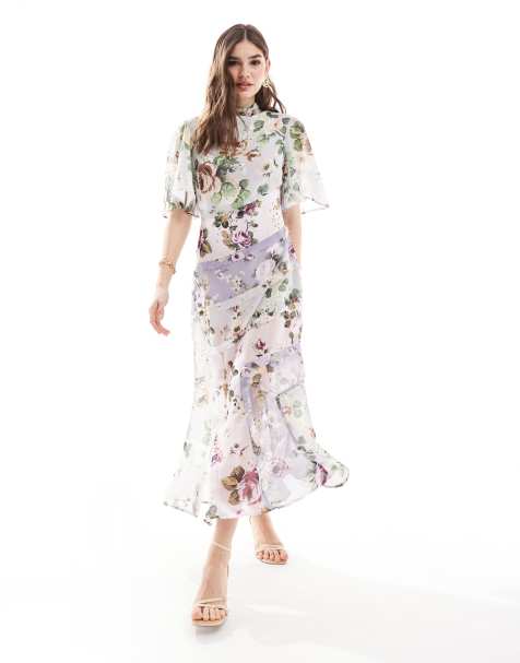 ASOS DESIGN - Vestito midi accollato lilla a fiori con maniche a tre quarti e spacco - view 1