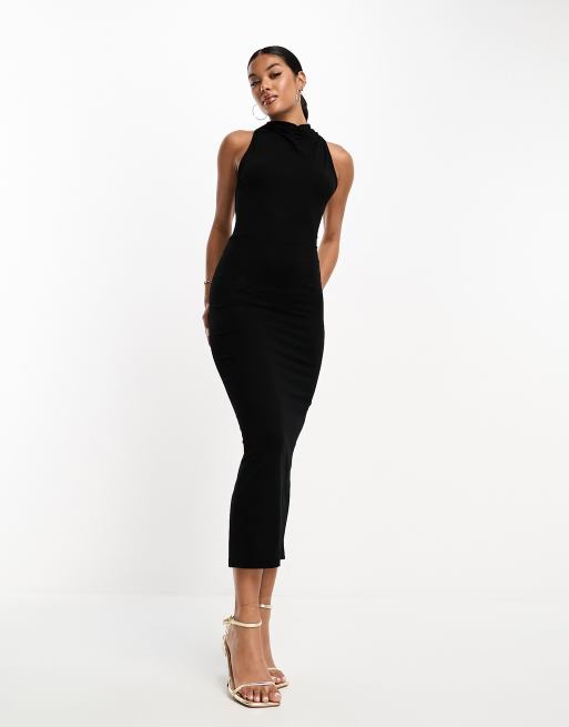 ASOS DESIGN - Vestito midi accollato minimal nero allacciato al collo e incrociato sul retro, 4 di 4