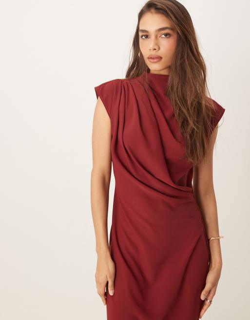 ASOS DESIGN - Vestito midi accollato senza maniche bordeaux con scollo drappeggiato, 2 di 4