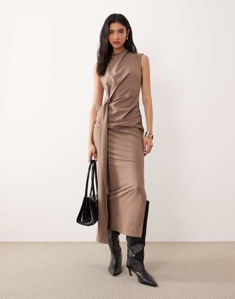 ASOS DESIGN - Vestito midi accollato senza maniche color moka arricciato con nodo sul davanti - view 1