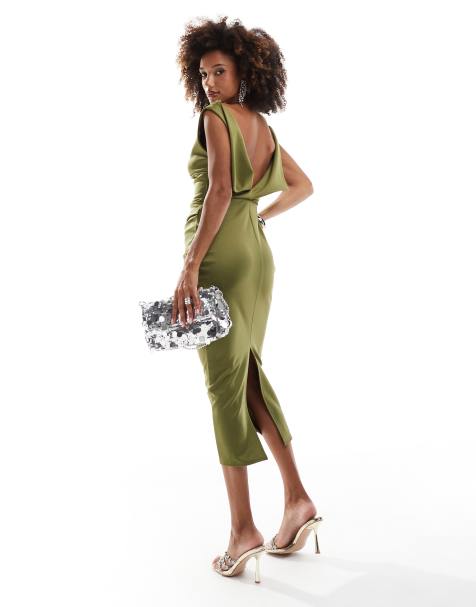 ASOS DESIGN - Vestito midi accollato verde kaki strutturato - view 1