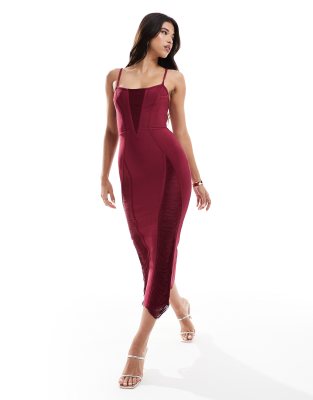 ASOS DESIGN - Vestito midi aderente drappeggiato color bacca con dettaglio con frange e cuciture modellanti