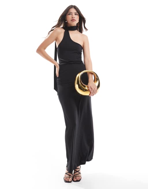 ASOS DESIGN - Vestito midi aderente nero con dettaglio a sciarpa