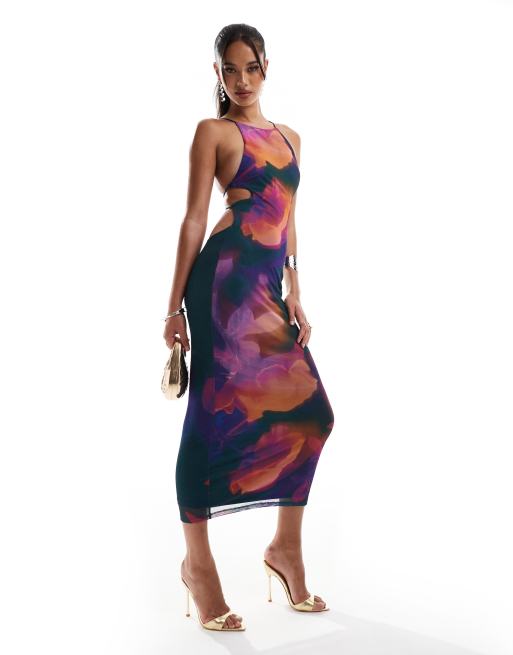 ASOS DESIGN - Vestito midi allacciato al collo a fiori in colori accesi con cut-out evidente sul retro