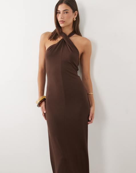 ASOS DESIGN - Vestito midi allacciato al collo aperto dietro color cioccolato con scollo attorcigliato - view 1