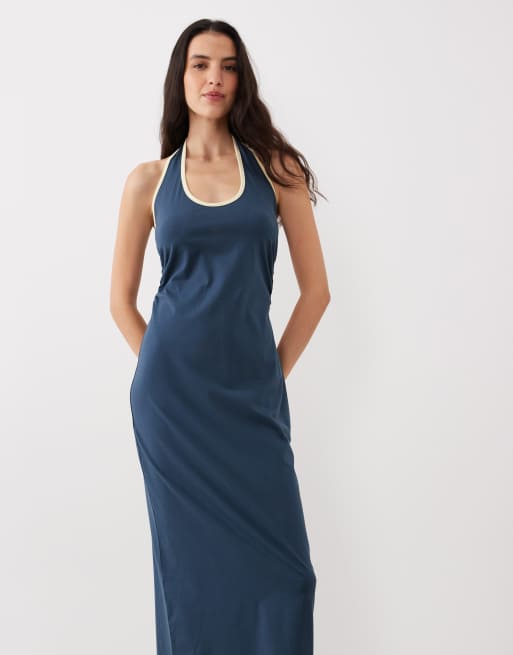 ASOS DESIGN - Vestito midi allacciato al collo blu navy con finiture color latticello a contrasto, 2 di 4