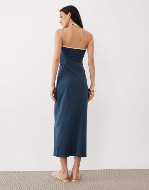 ASOS DESIGN - Vestito midi allacciato al collo blu navy con finiture color latticello a contrasto, 4 di 4