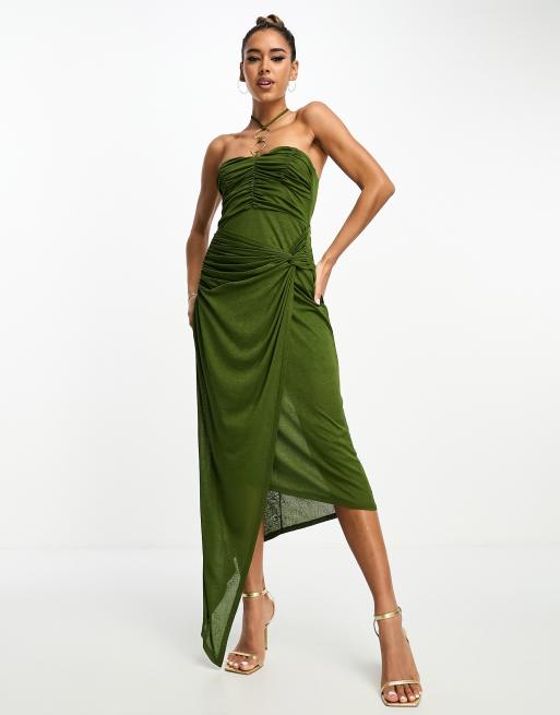ASOS DESIGN Vestito midi allacciato al collo con incrocio kaki con dettagli oro ad anello