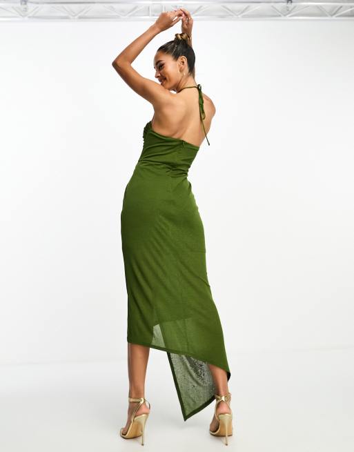 ASOS DESIGN Vestito midi allacciato al collo con incrocio kaki