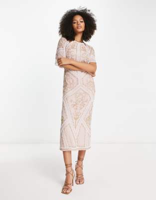 ASOS DESIGN - Vestito midi allacciato al collo con maniche con volant e decorazioni floreali color cipria