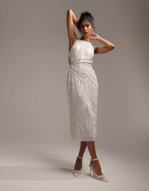 ASOS DESIGN Vestito midi allacciato al collo con paillettes e perline color avorio ASOS