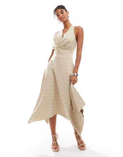 ASOS DESIGN - Vestito midi allacciato al collo con scollo ad anello e gonna a ruota a quadri
