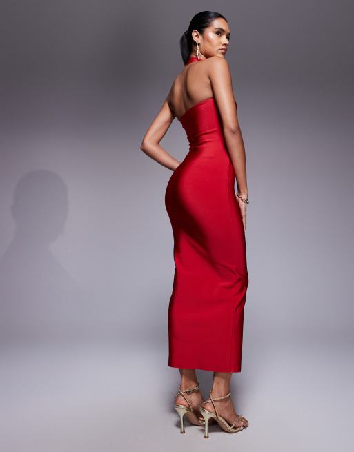 ASOS DESIGN - Vestito midi allacciato al collo fasciante rosso con scollo squadrato, 2 di 4