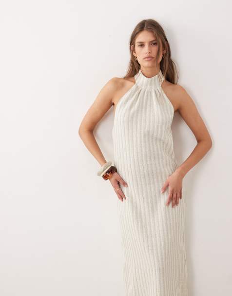 ASOS DESIGN - Vestito midi allacciato al collo in maglia testurizzata color crema e verde chiaro a righe - view 1