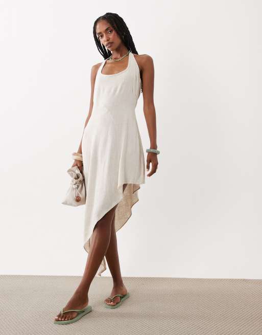 ASOS DESIGN - Vestito midi allacciato al collo in misto lino colore neutro con cuciture