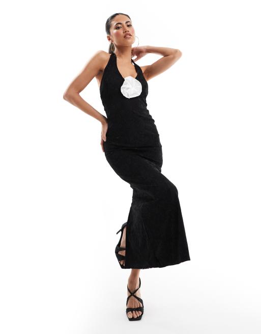 ASOS DESIGN - Vestito midi allacciato al collo in pizzo nero con decorazione floreale