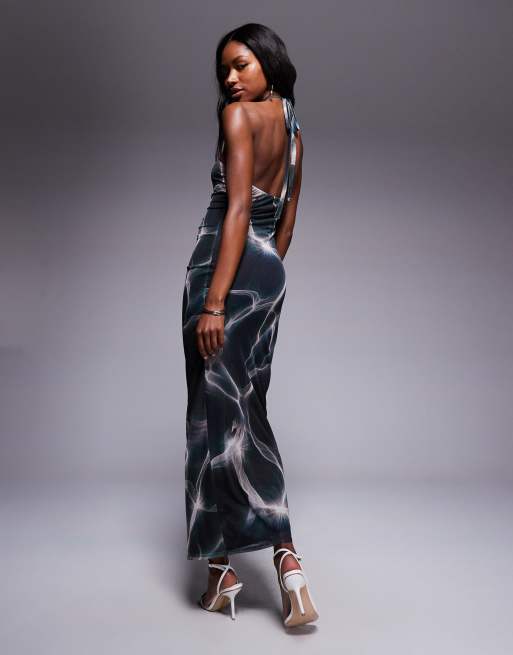 ASOS DESIGN - Vestito midi allacciato al collo in rete con stampa effetto marmo scuro e anello argento, 4 di 4