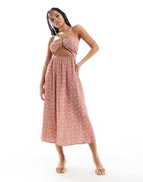 ASOS DESIGN - Vestito midi allacciato al collo in viscosa color ruggine a fiorellini con cut-out - view 1