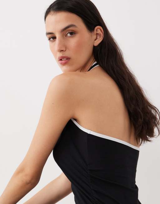 ASOS DESIGN - Vestito midi allacciato al collo nero con finiture bianche a contrasto, 3 di 4
