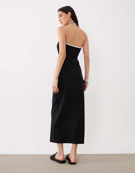 ASOS DESIGN - Vestito midi allacciato al collo nero con finiture bianche a contrasto, 4 di 4