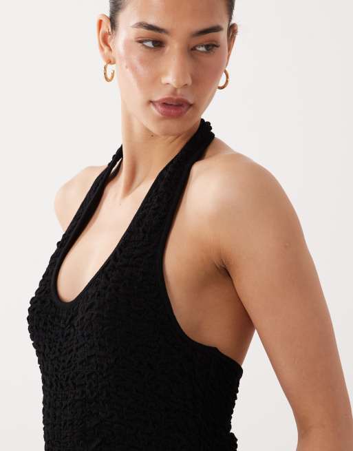 ASOS DESIGN - Vestito midi allacciato al collo nero stropicciato, 3 di 4